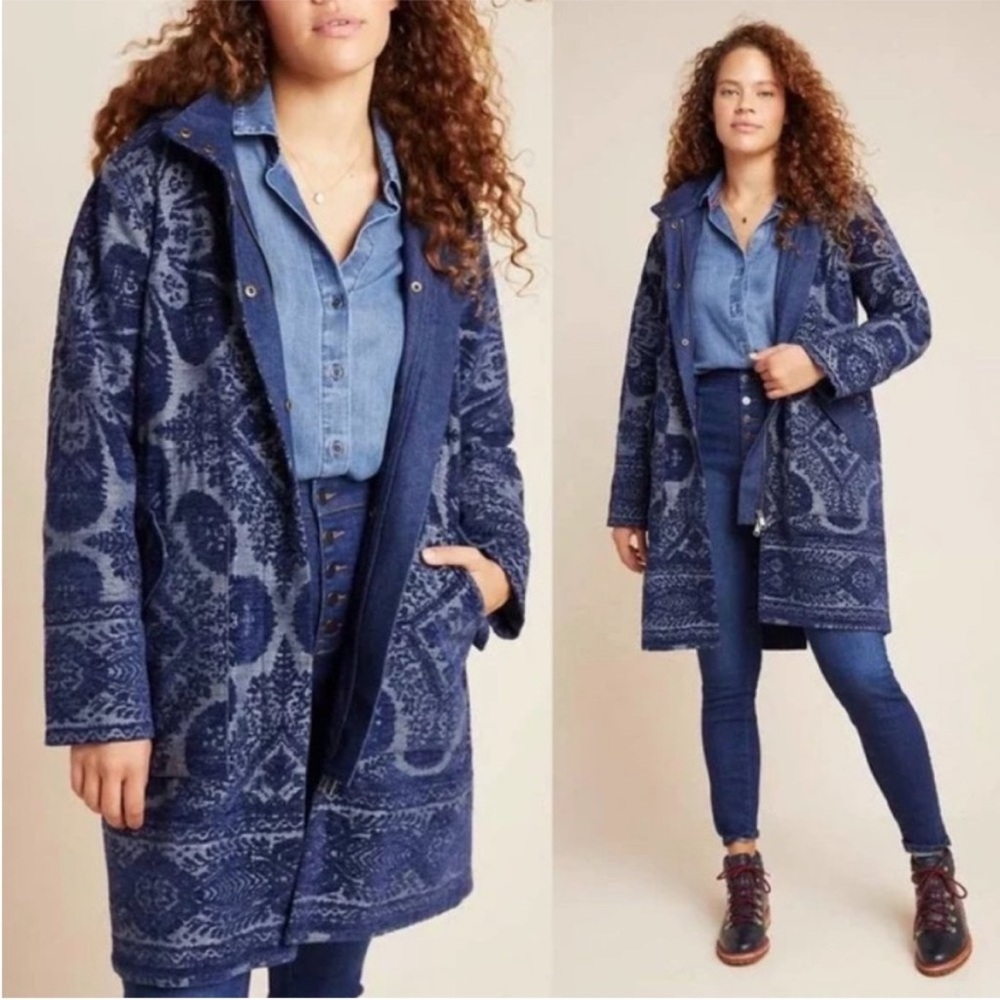 Anthropologie Chenille‎ Tapestry Longline Parka Jacket Coat Blue Floral XSP
